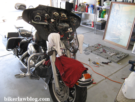 Norm's Harley Davidson Electra Glide with front fairing removed.