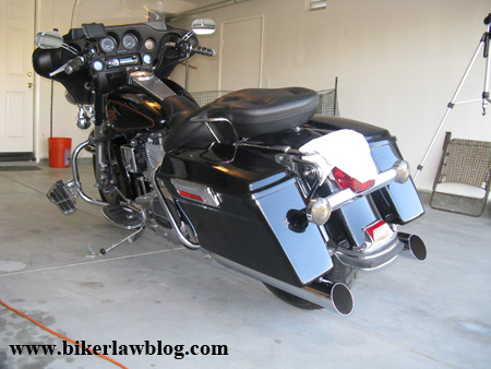 California Motorcycle Accident Attorney and Biker Lawyer Norman Gregory Fernandez's Halrey Davidson Electra Glide with Rush Mufflers