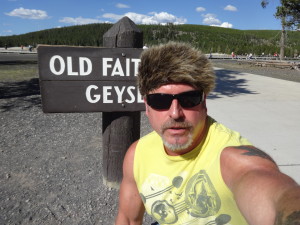 California biker attorney Norman Gregory Fernandez at the Old Faithful geyser in Yellowstone national forest just after Sturgis 2015