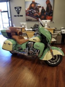 Motorcycle Accident Attorney Norman Gregory Fernandez's Indian Roadmaster motorcycle at the dealer