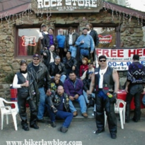 California Biker Lawyer Norman Gregory Fernandez with group of motorcycle riders at the Rock Store