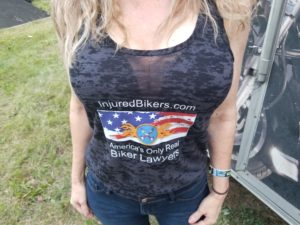 Little Teri wearing an injuredbikers.com T-shirt at Sturgis 2018