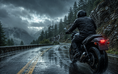 Motorcyclist riding safely through heavy rain on a winding mountain highway wearing full waterproof riding gear.