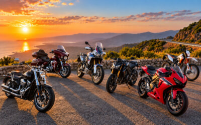 Different types of street motorcycles including a cruiser, touring motorcycle, adventure bike, sport bike, naked bike and enduro motorcycle.